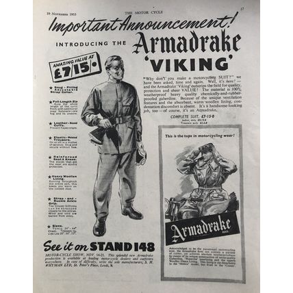 ARMADRAKE VIKING MOTORCYCLING SUIT 1953 VINTAGE MOTORCYCLE CLOTHING ADVERT