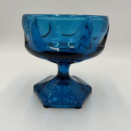 MCM Viking Art Glass 1960s Bluenique Pedestal Candy Dish Blue 6"