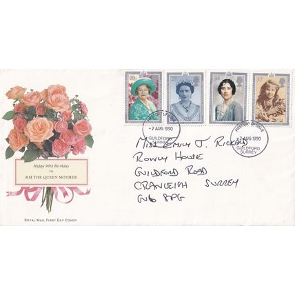 ROYAL MAIL First Day Cover AUGUST 1990 QUEEN MOTHER Postmark: Guildford Surrey