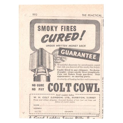 Smoky Chimney COLT COWL by W H COLT LTD. SURREY : Original Vintage 1956 Advert