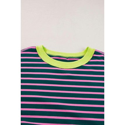 Green Stripe Oversized Contrast Trim Exposed Seam High Low T Shirt
