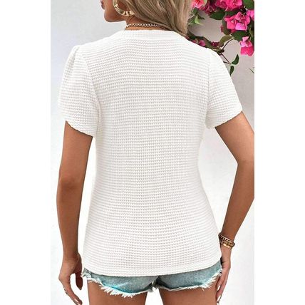 White V Neck Petal Sleeve Waffle Knit T-Shirt