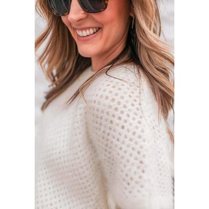 White Fuzzy Eyelet Knitted Sweater T-shirt
