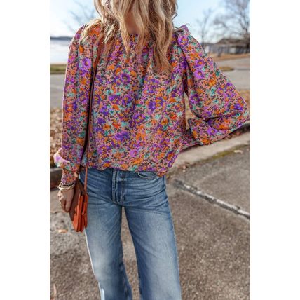 Purple Floral Allover Print Shirred Cuff Frilled O Neck Blouse