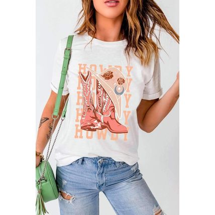 White HOWDY Cowboy Boots Graphic Crew Neck T Shirt