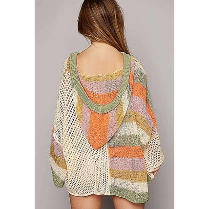 Beige Oversized Colorblock V Neck Hooded Sweater
