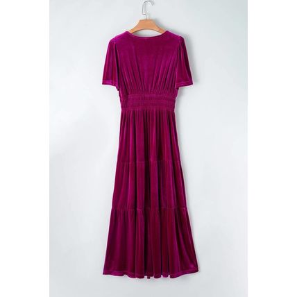 Red Dahlia Velvet Short Sleeve Shirred Waist Tiered Maxi Dress