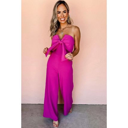 Bright Pink Bowknot Strapless Wide Leg Jumpsuit