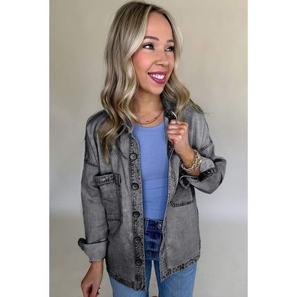 Medium Grey Mineral Wash Patched Pocket Split Denim Jacket