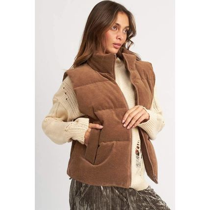 Coffee Corduroy Stand Neck Zipped Puffer Vest