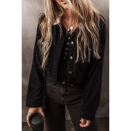 Black Fleece Lined Button-up Collared Corduroy Crop Jacket
