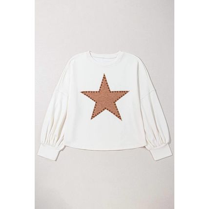 Beige Star Shape Studded Crew Neck Plus Size Long Sleeve Top