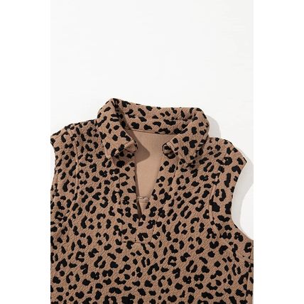 Khaki Leopard Print V Neck Sleeveless Collared Mini Dress