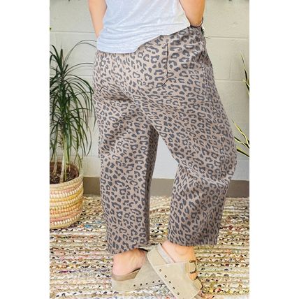 Khaki Leopard Printed Drawstring Waist Pocketed Wide Leg Jeans