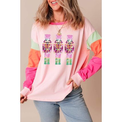 Pink Christmas Sequin Nutcracker Graphic Colorblock Long Sleeve Top