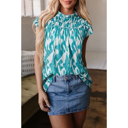 Sky Blue Abstract Print Frilled Crewneck Loose Fit Blouse