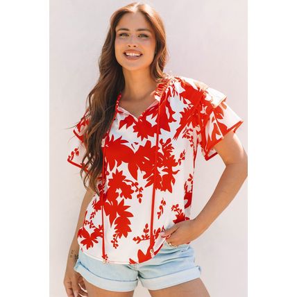 Red Plant Print Tiered Ruffled Sleeve V Neck Blouse