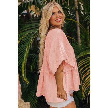 Apricot Pink Plus Size Textured Wide Short Sleeve Babydoll Blouse