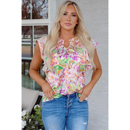 Purple Abstract Printed Ruffled Short Sleeve Notched Neck Blouse