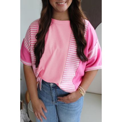 Pink Stripe Color Block Patchwork Loose Half Sleeve T Shirt