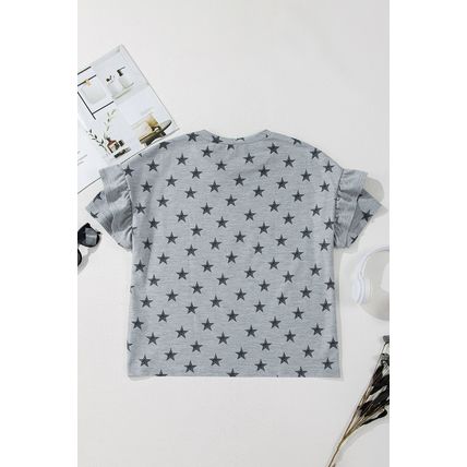 Gray Star Print Tiered Ruffled Sleeve Crew Neck T Shirt