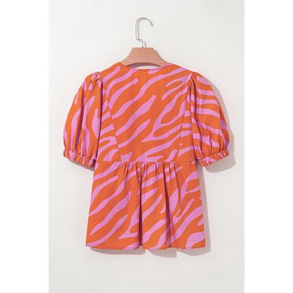 Orange Zebra Stripe Print Ruched Cuff Half Sleeve V Neck Blouse