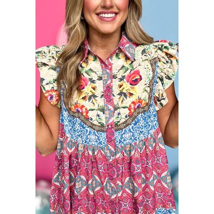 Rose Floral Mixed Pattern Ruffle Flutter Sleeve Buttoned Dress