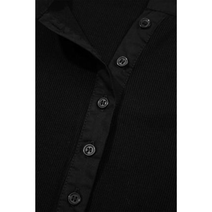 Black Ribbed Patchwork Puff Sleeve Half Button Placket Slim Fit Top
