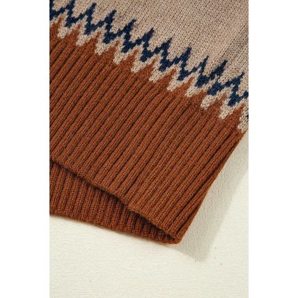Khaki Aztec Print Colorblock Crew Neck Sweater