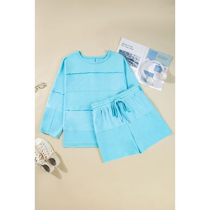 Aruba Blue Plus Size Solid Color Splicing Raw Hem Pullover Top Shorts Set