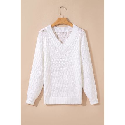 White Textured Knit Ribbed Edge V Neck Loose Sweater