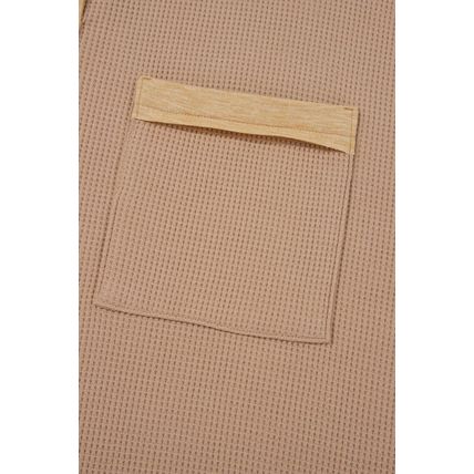 Dark Khaki Color Block Waffle Textured Tunic Henley Top with Slits