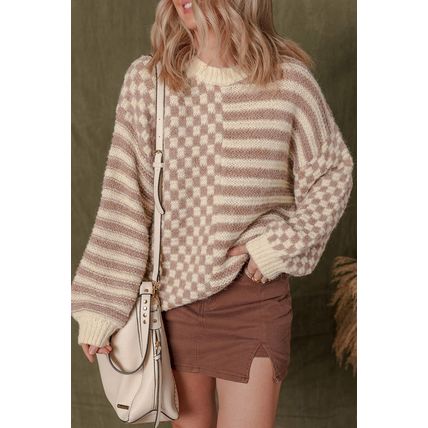 Khaki Stripe Checkerboard Drop Shoulder Balloon Sleeve Sweater