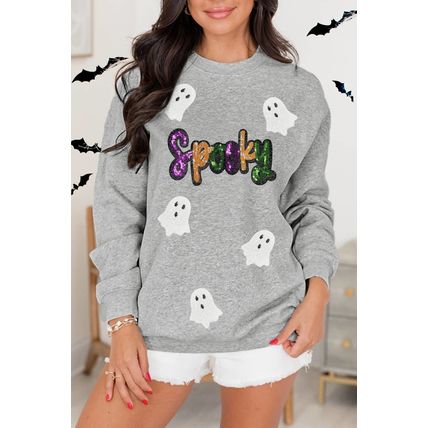 Gray Spooky Halloween Ghost Sequin Patched Sweatshirt