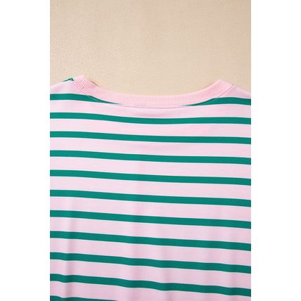 Green Stripe Mix Pattern Color Block Patchwork Side Slit Baggy Sweatshirt