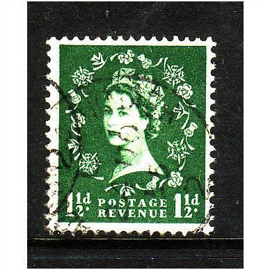 GREAT BRITAIN 1952 SG517 QEII TUDOR 1 1/2d GREEN FINE USED #5
