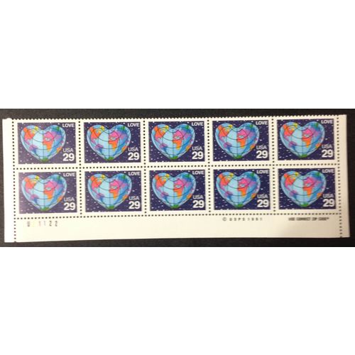 US Stamp #2535 mint: 1991 29c Love, World Heart - plate block of 10 MNH