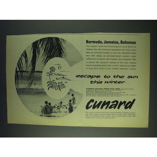 1958 Cunard Cruise Ad - Escape to the sun this winter
