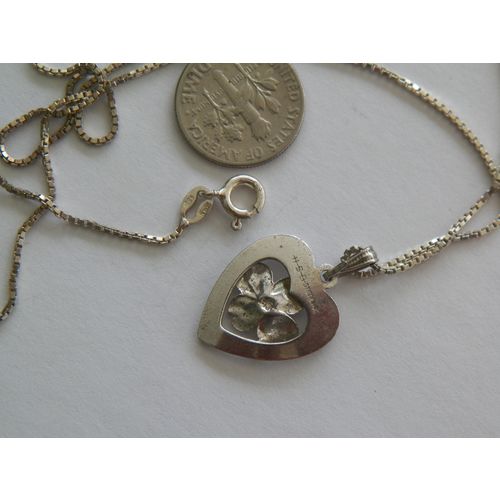 18'' STERLING SILVER NECKLACE FLORAL HEART SLIDER PENDANT
