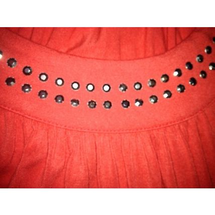 Michael Kors Blouse Women Pink-Coral Jewelry Beaded Neckline Short Sleeve Size L