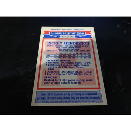 1984 Topps Ralston Purina Card # 15 of 33 Rickey Henderson VG-Ex (4) Athletics