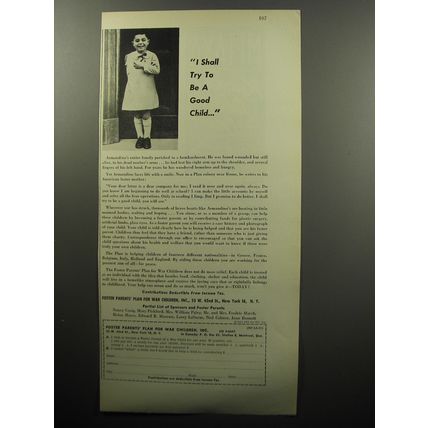 1951 Foster Parents' Plan for War Children Ad - I shall try to be a good child