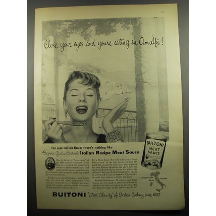 1955 Buitoni Meat Sauce Ad - Close your eyes and you're eating in Amalfi