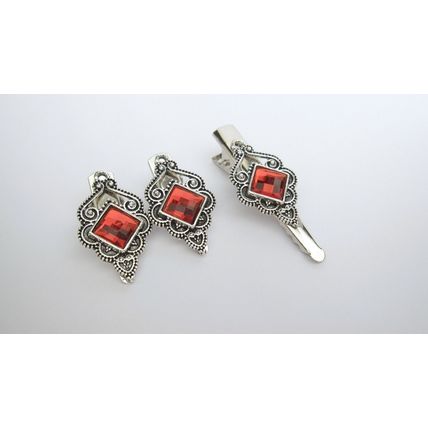 Small silver metal and red crystal alligator hair claw clip for thin fine hair