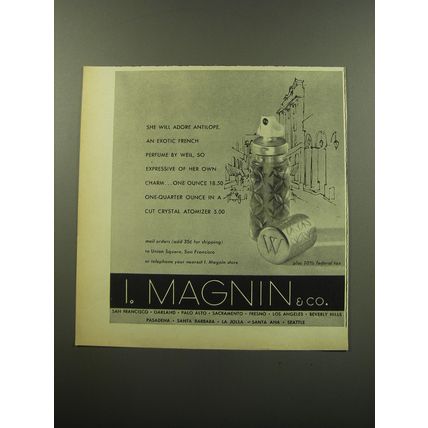 1959 I. Magnin & Co. Weil Antilope Perfume Ad - She will adore Antilope