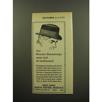 1959 Saks Fifth Avenue Hats Ad - The Bowler Homburg - new hat of influence