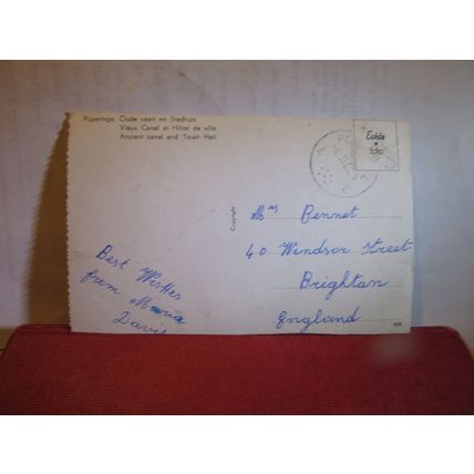 CANAL & TOWN HALL, POPERINGE, BELGIUM used vintage postcard RP 1966 pm =