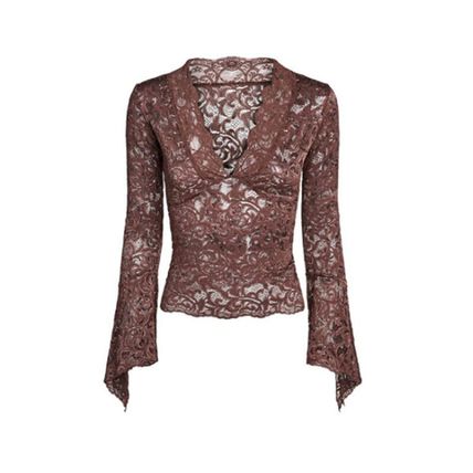 Slim Fit Tops Crop Lace See Through Deep V Neck Women's Tops Flare Sleeve