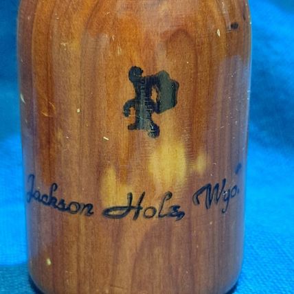 Vintage WOOD SALT & PEPPER SHAKERS Set Historic Jackson Hole Wyo Milk Jug Shape