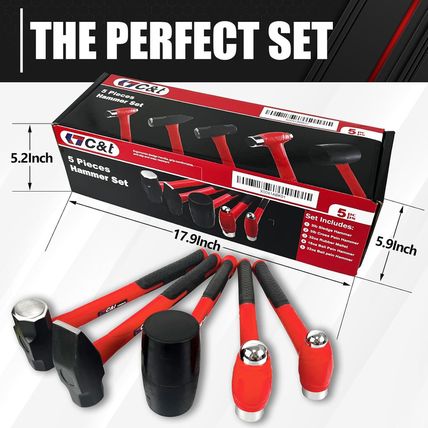 C&T 5-Piece Hammer Set, 16Oz Ball Peen Hammer | 32Oz Ball Peen Hammer | 32Oz Rub